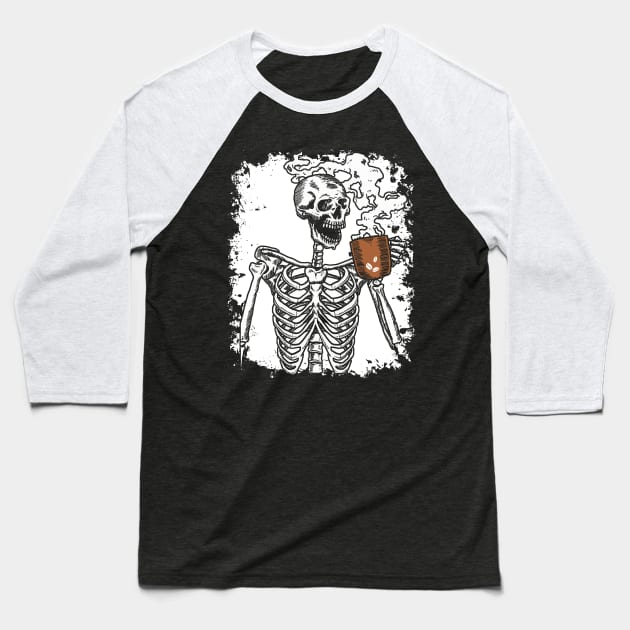 Halloween Shirt Coffee Drinking Skeleton Skull Baseball T-Shirt by Pelman